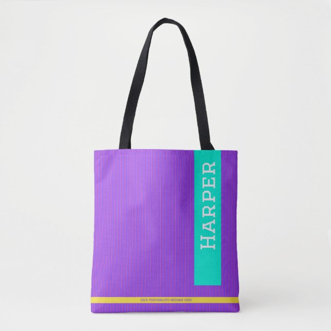 Trendy Purple Personalized Name and Monogram Tote Bag (Front)