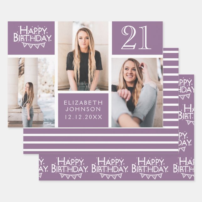 Trendy Purple Photo Collage 21st Birthday  Wrapping Paper Sheets (Set)