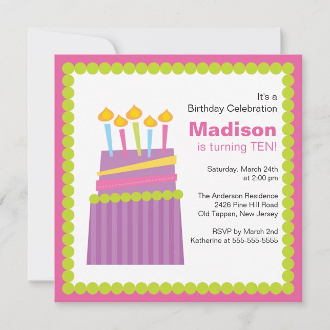 Trendy Purple & Pink Cake Birthday Invitation (Front)