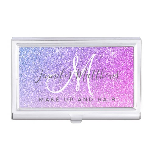 Trendy Purple Pink Glitter Makeup Artist Hair Business Card Case