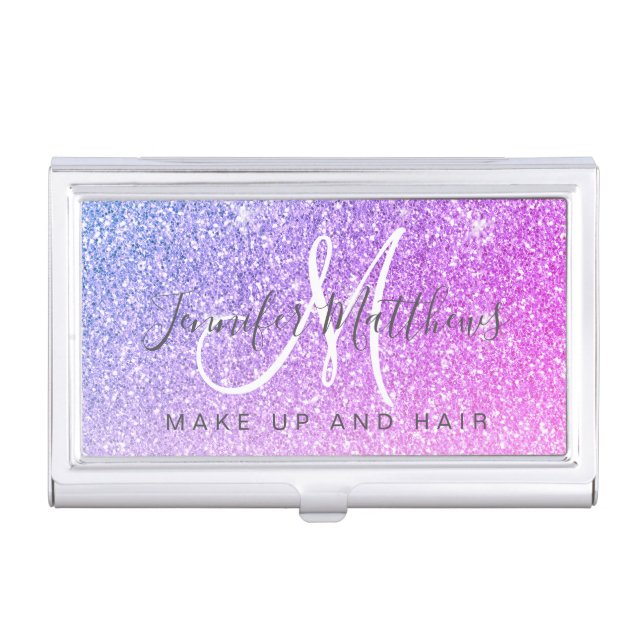 Trendy Purple Pink Glitter Makeup Artist Hair Business Card Case (Front)