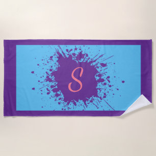 Trendy Purple Pink Splash Design Monogrammed Beach Towel