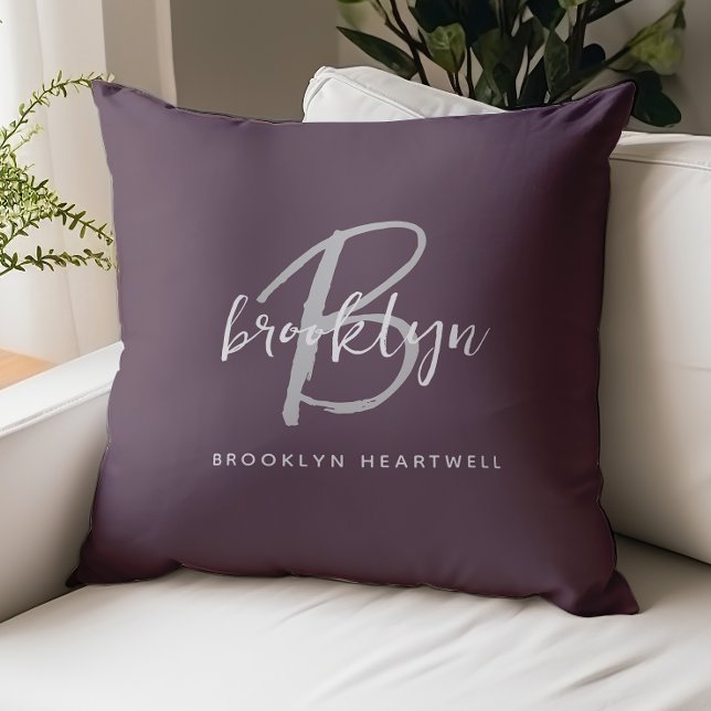 Trendy Purple Plum Gray White Script Monogram Name Throw Pillow (Creator Uploaded)