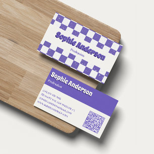 Trendy Purple Retro Check Pattern with QR Code Business Card