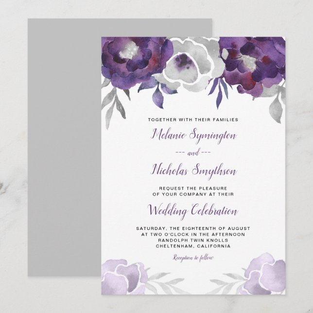 Trendy Purple Silver Floral wedding invite 3963 (Front/Back)