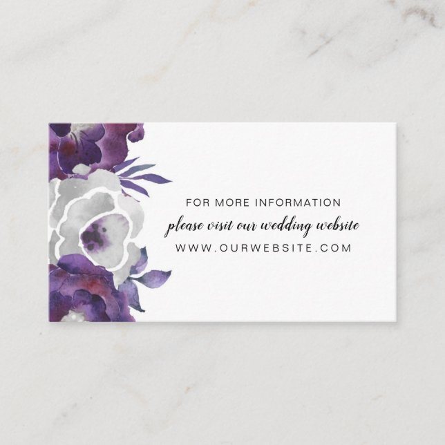 Trendy Purple Silver Floral wedding website info Enclosure Card (Front)