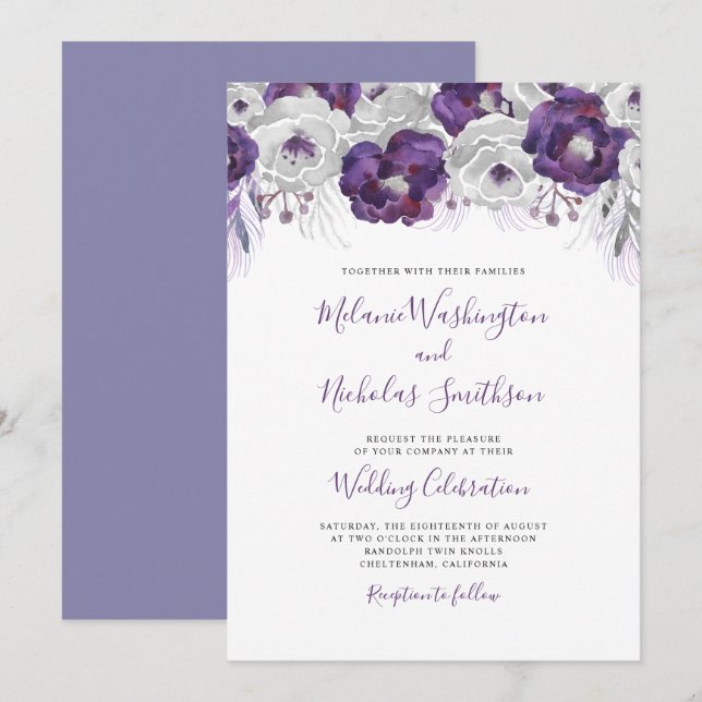 Trendy Purple Silver Watercolor Floral wedding Invitation (Front/Back)