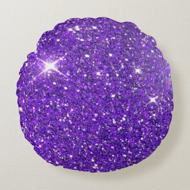 Trendy Purple Sparkling Glitter Glitz Round Pillow (Front)