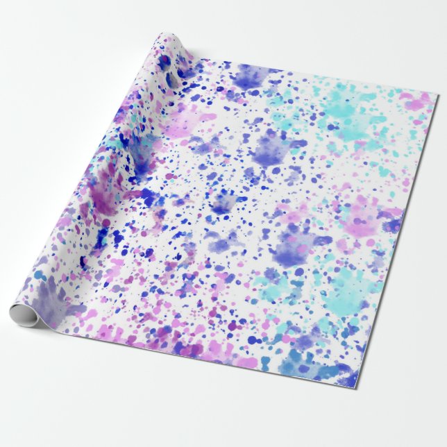 Trendy Purple & Teal Watercolor Splatters Wrapping Paper (Unrolled)