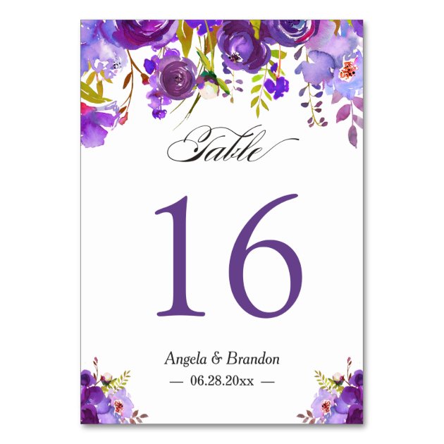 Trendy Purple Violet Floral Wedding Table Number
