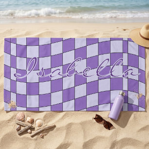 Trendy Purple Wavy Checkerboard Custom Name Beach Towel