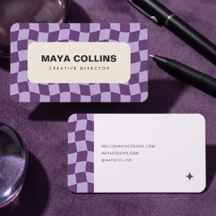 Trendy Purple Wavy Checkered Business Card
