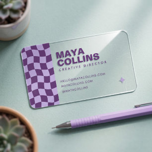 Trendy Purple Wavy Checkered Clear Business Cards