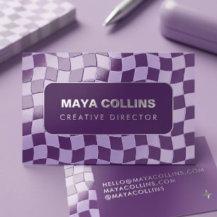 Trendy Purple Wavy Checkered Foil Spot Gloss Business Cards