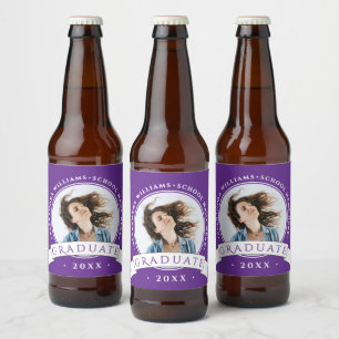 Trendy Purple White College Grad Photo Celebration Beer Bottle Label