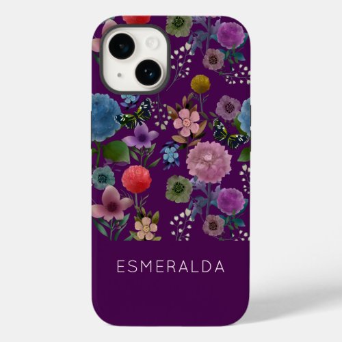 Trendy purple wild flower and butterfly pattern Case_Mate iPhone 14 case