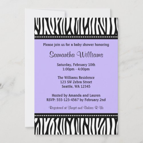 Trendy Purple Zebra Girl Baby Shower Invitations