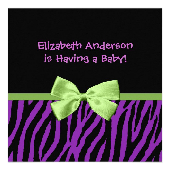 Trendy Purple Zebra Print And Ribbon Baby Shower Custom Invite