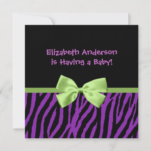 Trendy Purple Zebra Print And Ribbon Baby Shower Custom Invite