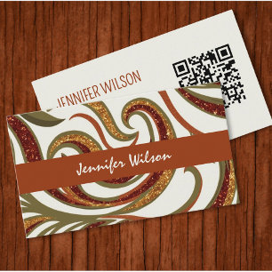 Trendy QR code abstract glitter terracotta green Business Card