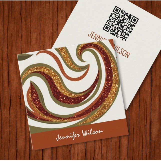 Trendy QR code abstract glitter terracotta green  Square Business Card (Luxury abstract natural design for elegant Square Business Card)