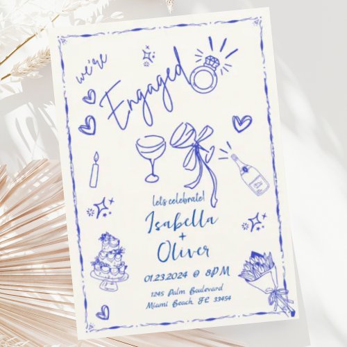 Trendy Quirky Blue Hand Drawn Engagement Party Invitation