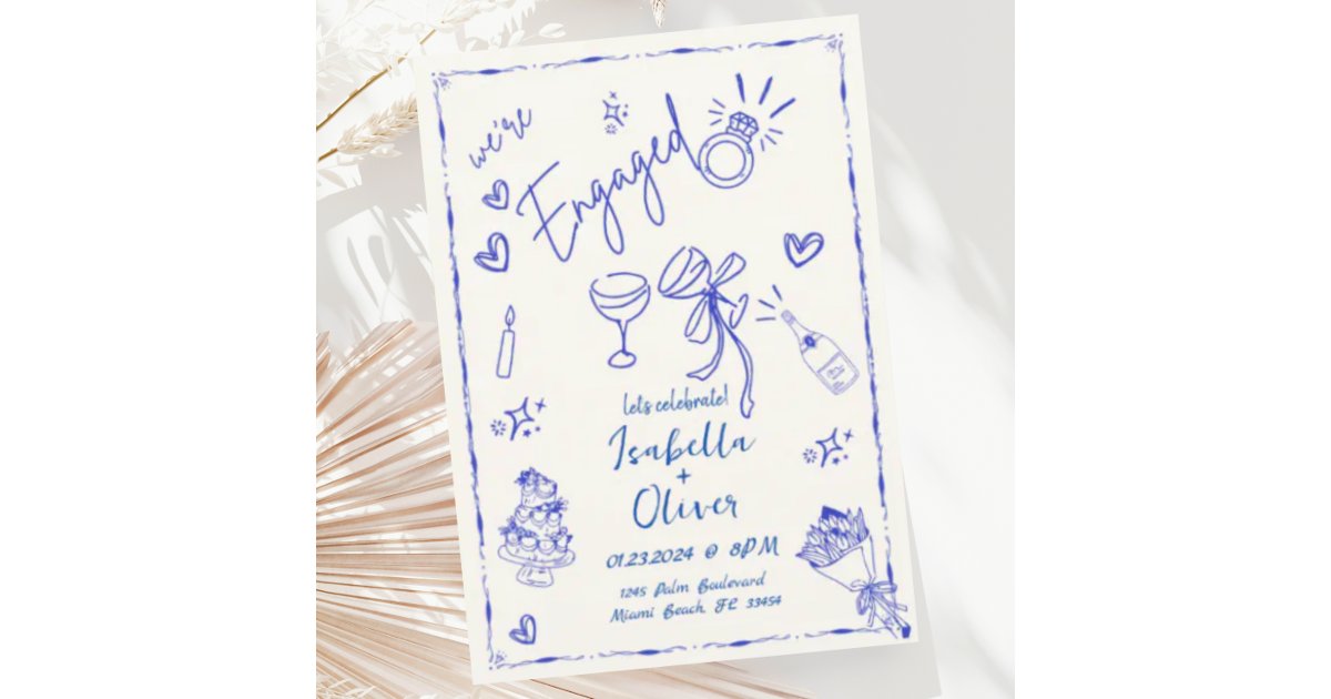 Trendy Quirky Blue Hand Drawn Engagement Party Invitation