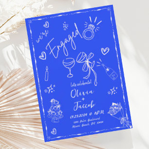 Trendy Quirky Fun Blue Hand Drawn Engagement Party Invitation