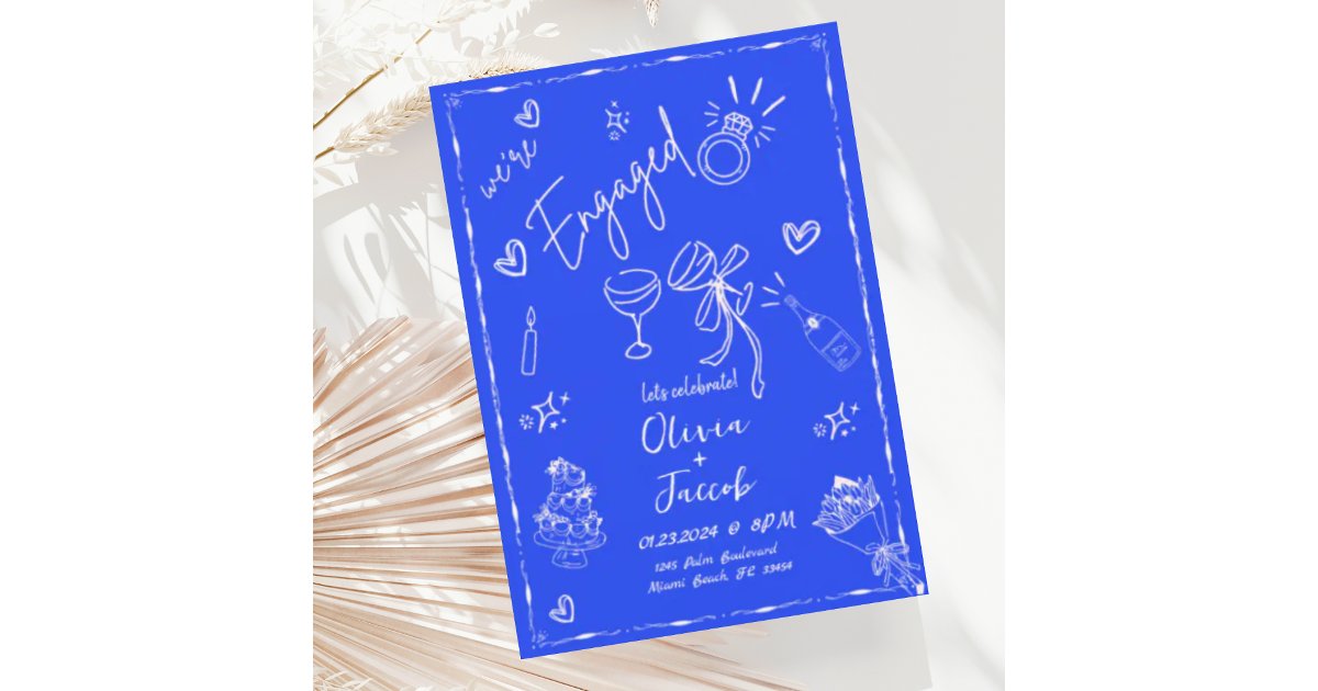 Fun Blue Invite Frame Trendy Quirky Fun Blue Hand Drawn Engagement Party Invitation | Zazzle