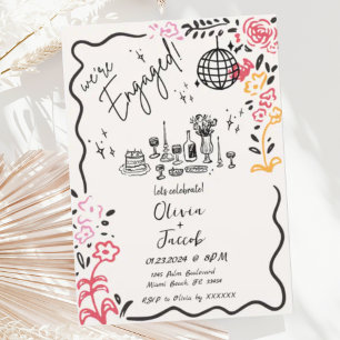 Trendy Quirky Fun Hand Drawn Wavy Engagement Party Invitation