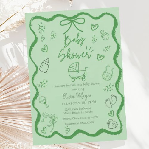 Trendy Quirky Wavy Hand Draw Bow Baby Shower  Invitation