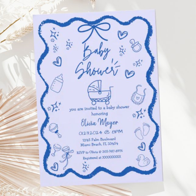 Trendy Quirky Wavy Hand Drawn Bow Baby Shower Invitation (Creator Uploaded)