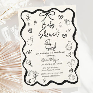 Trendy Quirky Wavy Hand Drawn Bow Baby Shower Invitation