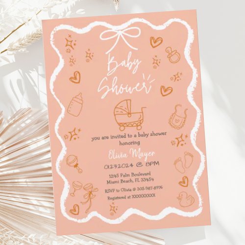 Trendy Quirky Wavy Hand Drawn Bow Baby Shower Invitation