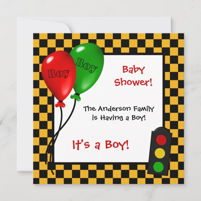 Trendy Race Car Checkers Boy Baby Shower Invitation (Front)