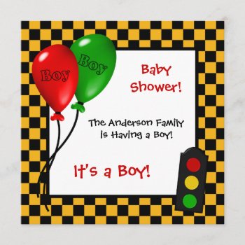 Trendy Race Car Checkers Boy Baby Shower Invitation by PhotographyTKDesigns at Zazzle