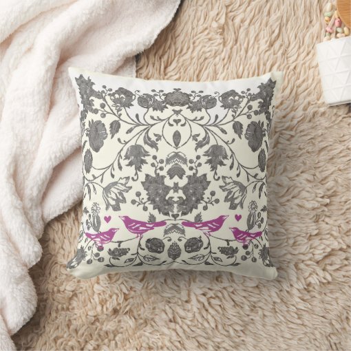 Trendy Radiant Purple and Gray Vintage Floral Bird Throw Pillow | Zazzle