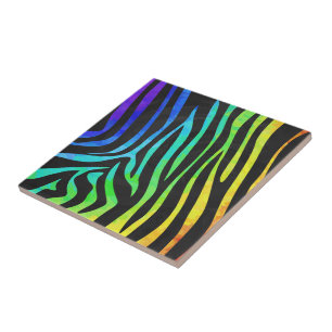 Trendy Rainbow and Black Zebra Animal Print on ele Ceramic Tile