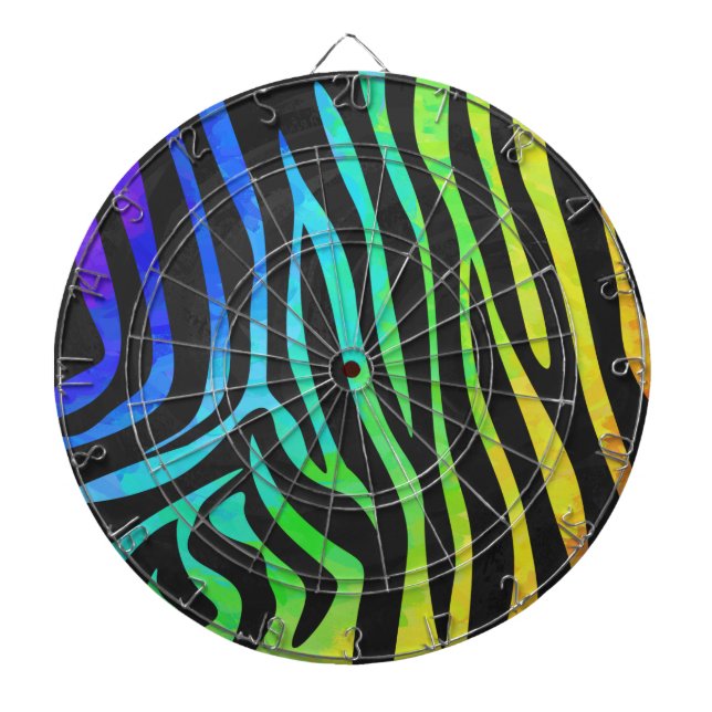 Trendy Rainbow and Black Zebra Animal Print on ele Dartboard With Darts (Front)