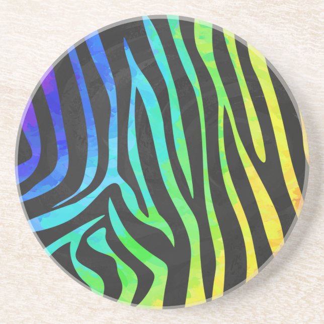 Trendy Rainbow and Black Zebra Animal Print on ele Sandstone Coaster (Front)