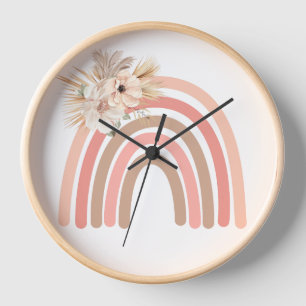 Trendy Rainbow Boho Pink Dried Flowers Clock