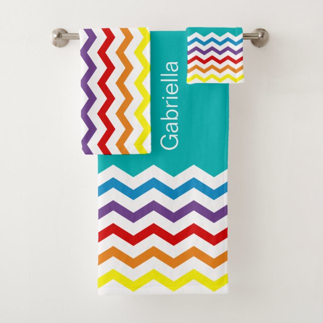Trendy Rainbow Chevron Teal Pattern Personalized Bath Towel Set (Insitu)