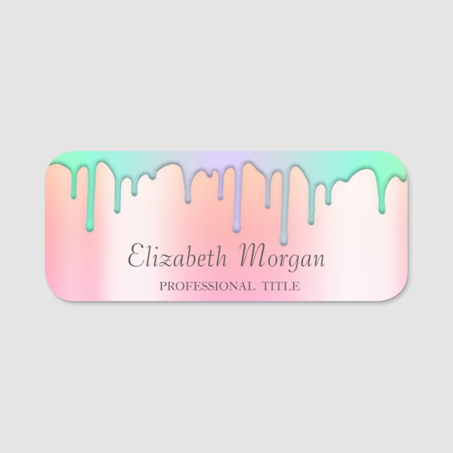 Trendy Rainbow Drips,Rose Gold  Name Tag (Front)