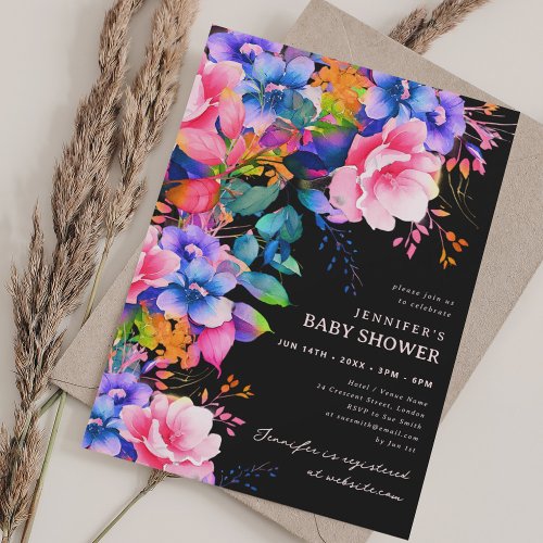 Trendy Rainbow Garden Floral Baby Shower Black Invitation