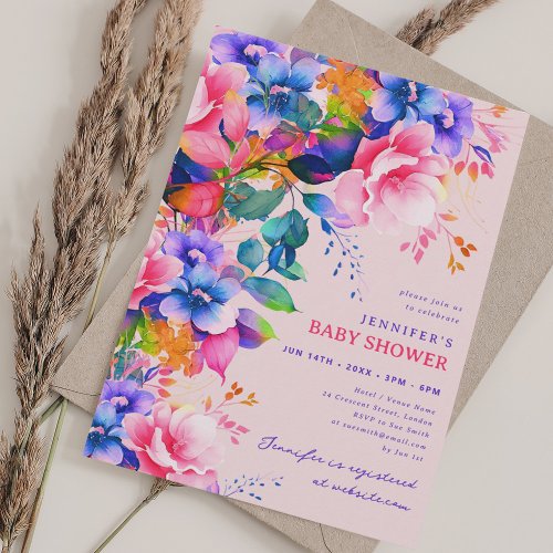 Trendy Rainbow Garden Floral Baby Shower Blush  Invitation