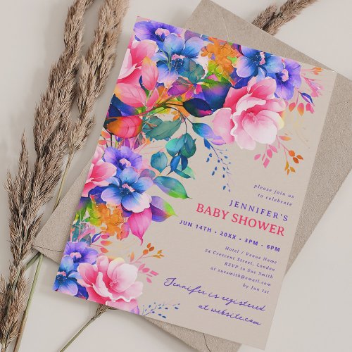 Trendy Rainbow Garden Floral Baby Shower Champagne Invitation