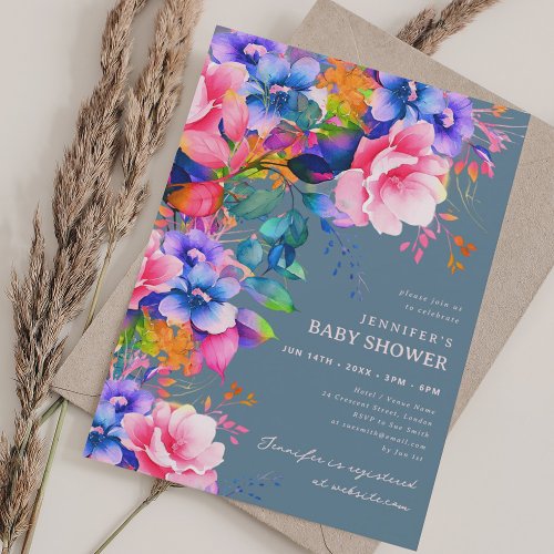 Trendy Rainbow Garden Floral Baby Shower Dusty Blu Invitation