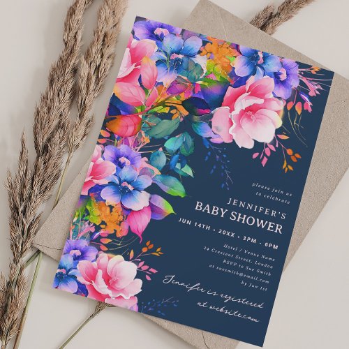 Trendy Rainbow Garden Floral Baby Shower Navy Invitation