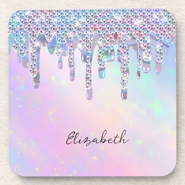 Trendy Rainbow Glitter Drips Holographic Beverage Coaster (Front)