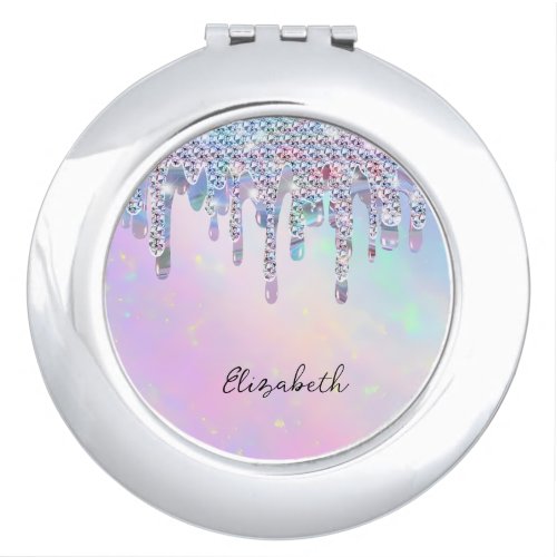 Trendy Rainbow Glitter Drips Holographic Compact Mirror